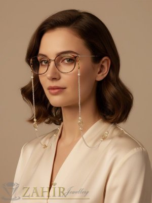  Изискана прозрачна верижка за очила със златни детайли и цветя, дълга 74 см - N1660